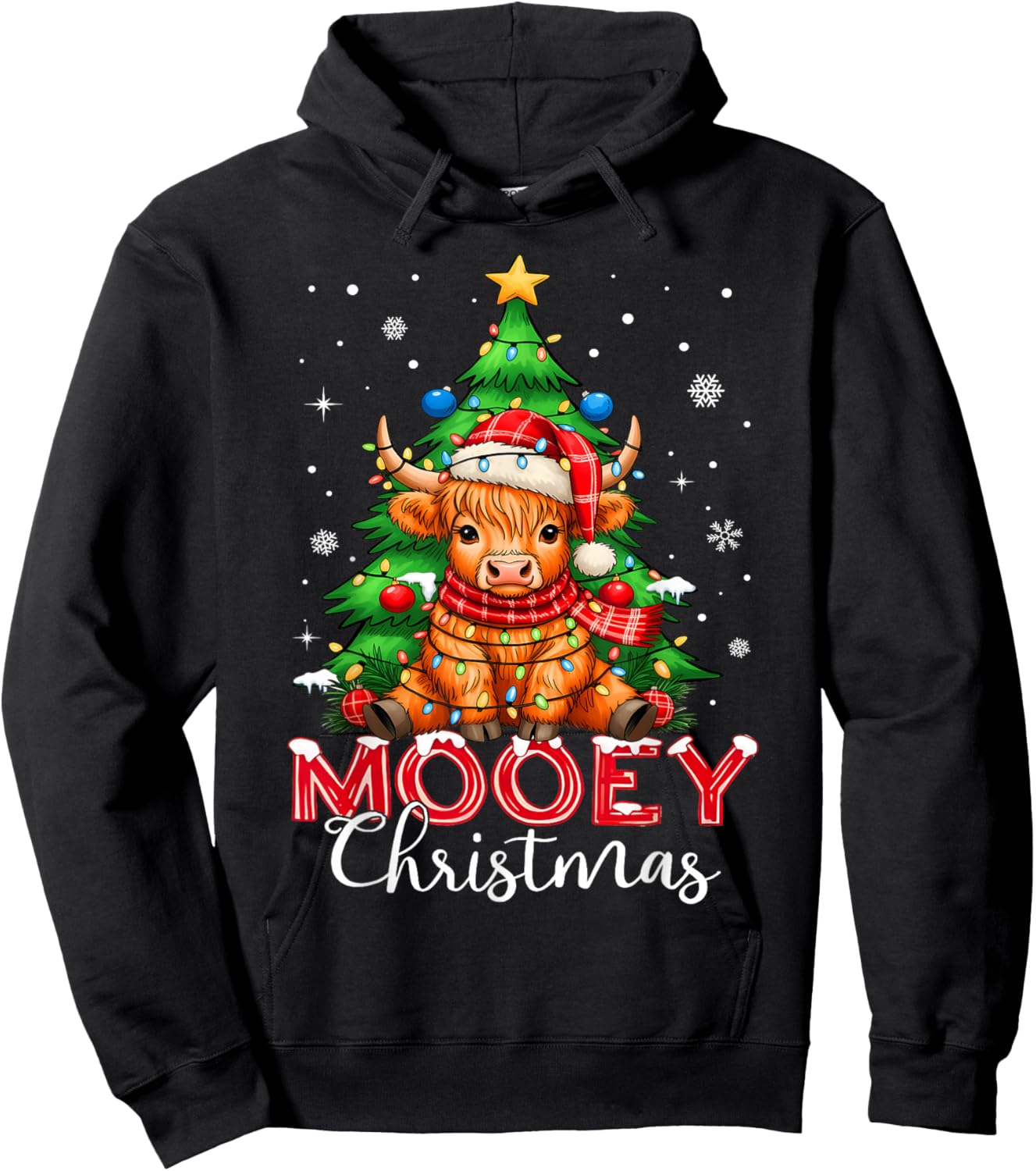 Highland Cow Heifer Santa Hat Mooey Christmas Tree Lights Hoodie - Hoodie | Black