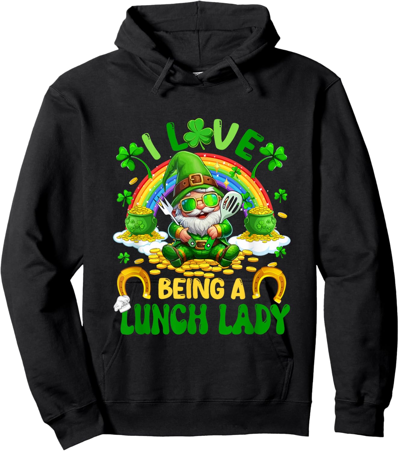 Love to Be A Lunch Lady St. Patrick Day Gnome Shamrocks Hoodie - Hoodie | Black
