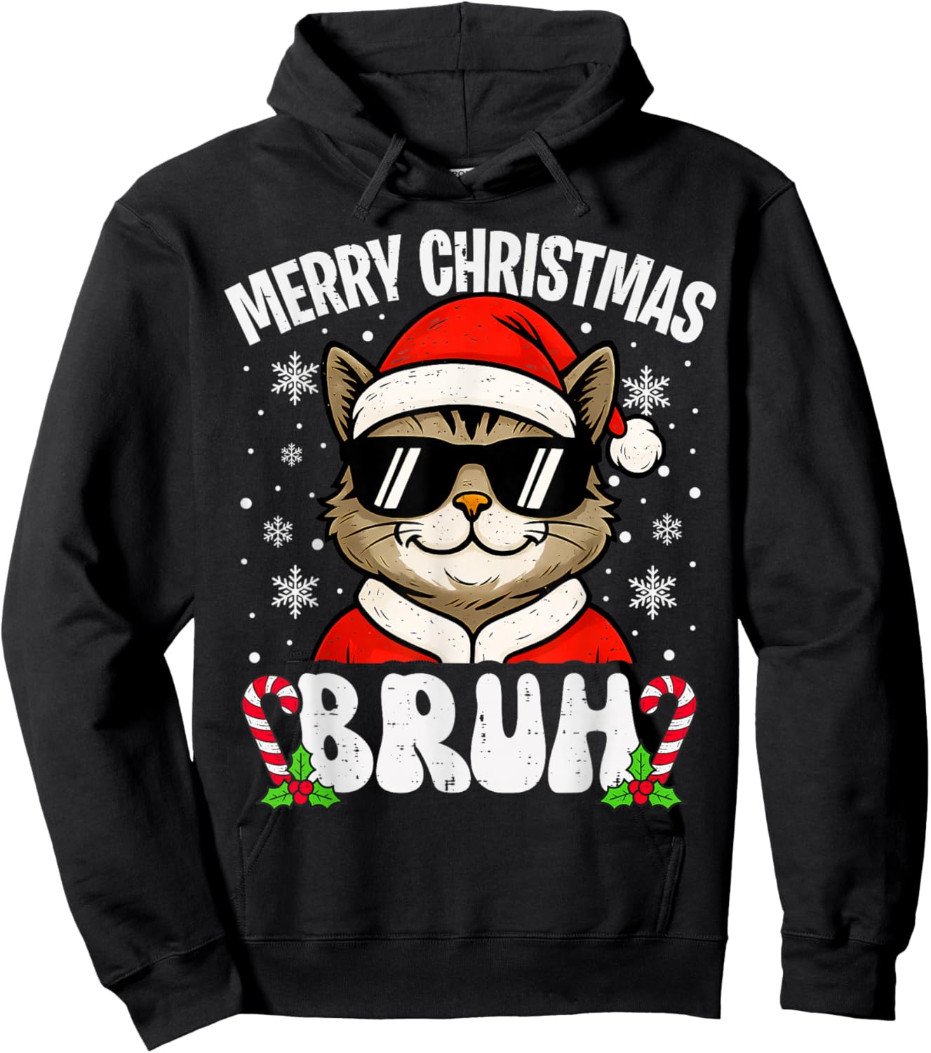 Merry Christmas Bruh Funny Cat Xmas Men Boys Kids PJs Hoodie - Hoodie | Black