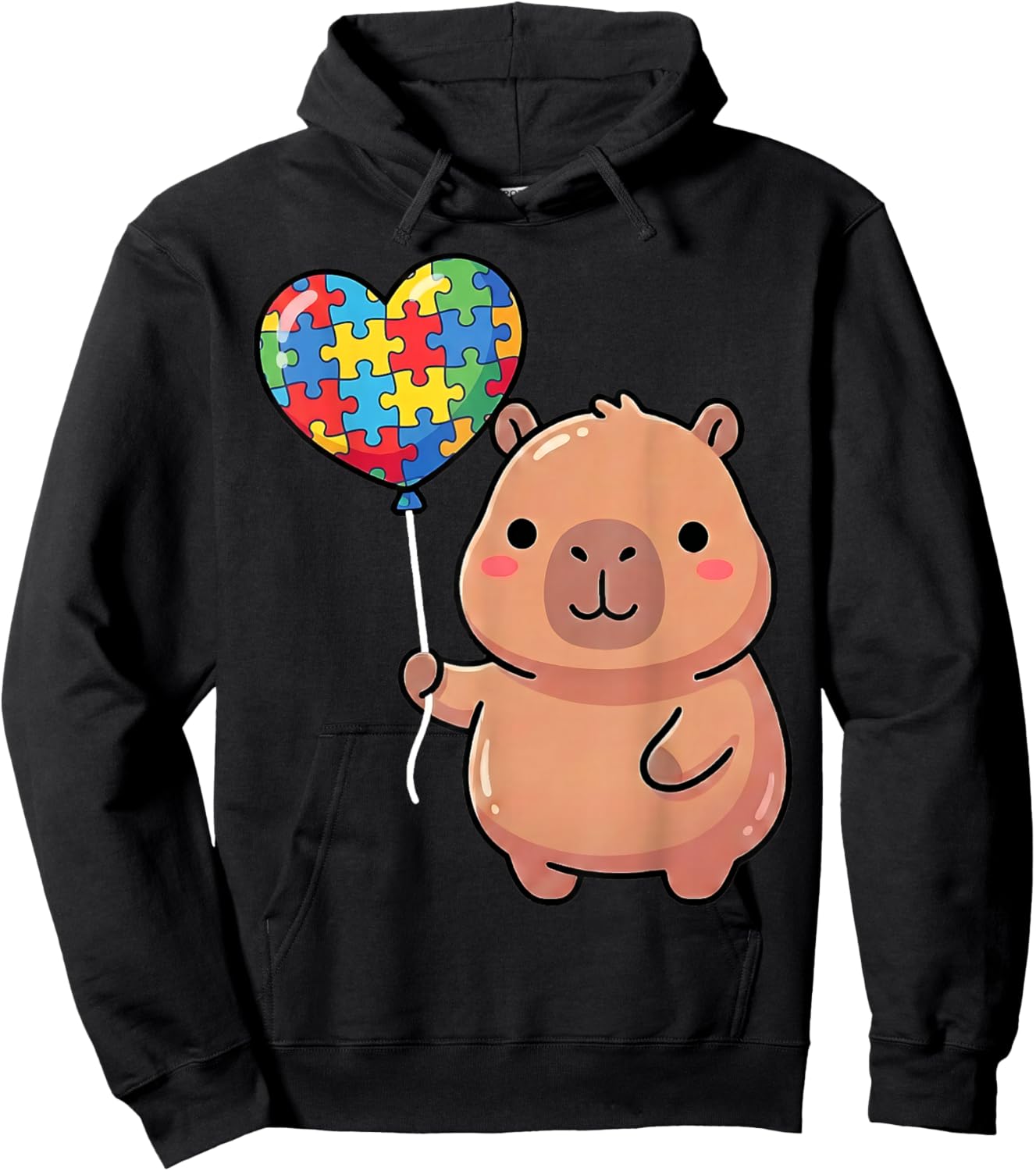 Cute Capybara Holding Heart Puzzle Piece Balloon Kawaii Kids Hoodie - Hoodie | Black