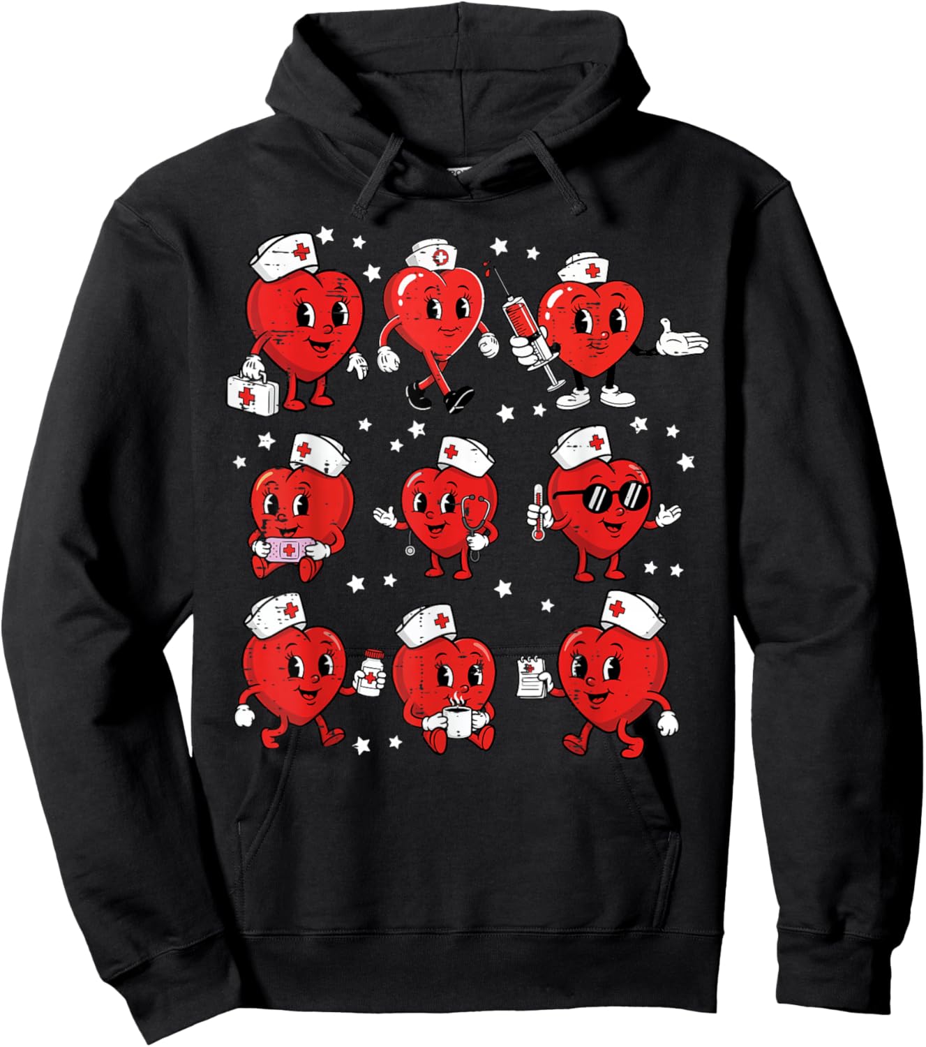 Valentines Day Heart Nurse Poses Vintage Scrub Top Women Hoodie - Hoodie | Black
