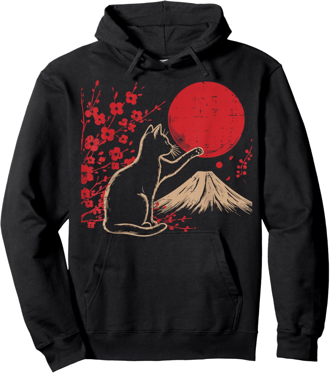 Japanese Cat Cherry Blossom Mountain Sun Art Women Men Kids Hoodie - Hoodie | Black
