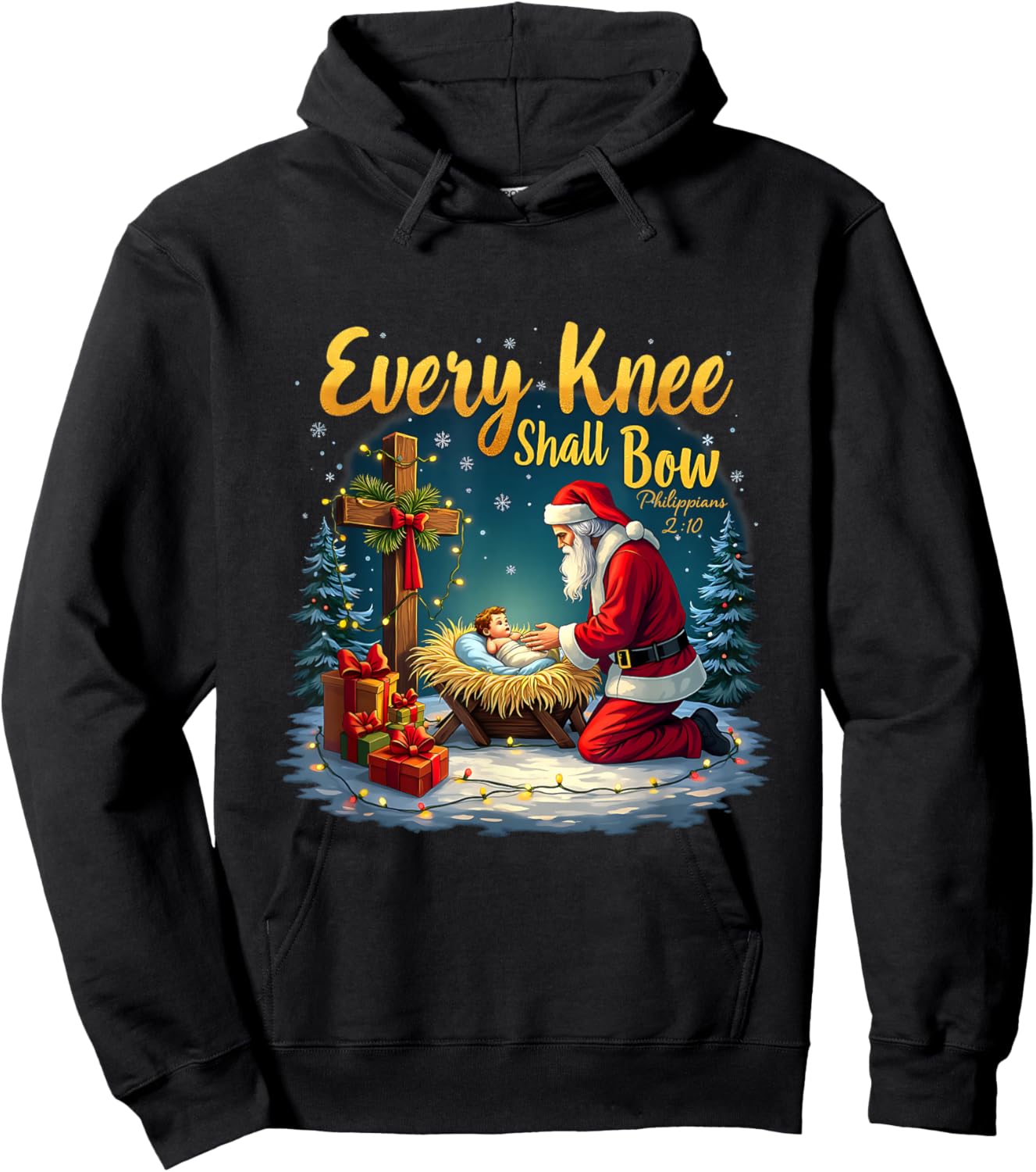 Christmas Nativity Scene Xmas Every Knee Shall Bow Santa Hoodie - Hoodie | Black