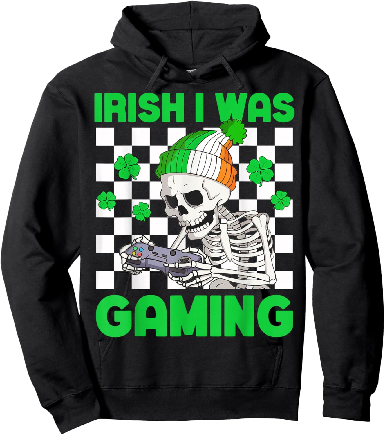 Irish I was Gaming Boys St Patricks Day Skeleton Gamer Hoodie - Hoodie | Black