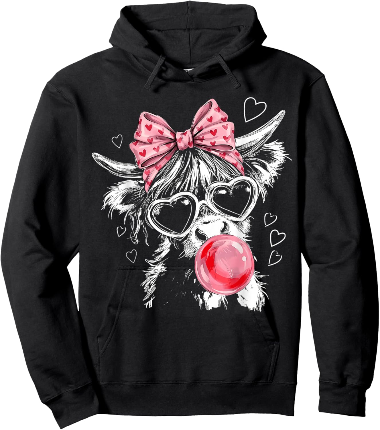 Cute Highland Cow Pink Bow Coquette Red Heart Valentine Hoodie - Hoodie | Black