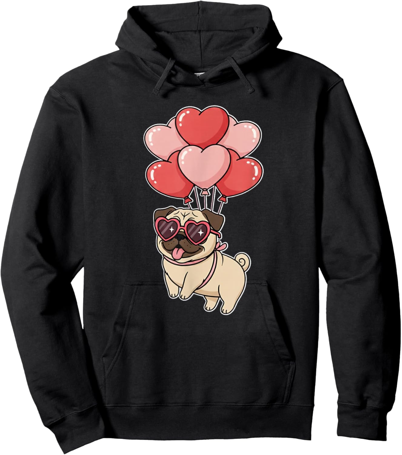 Girls Women Valentines Day Heart Balloons Tan Fawn Pug Lover Hoodie - Hoodie | Black