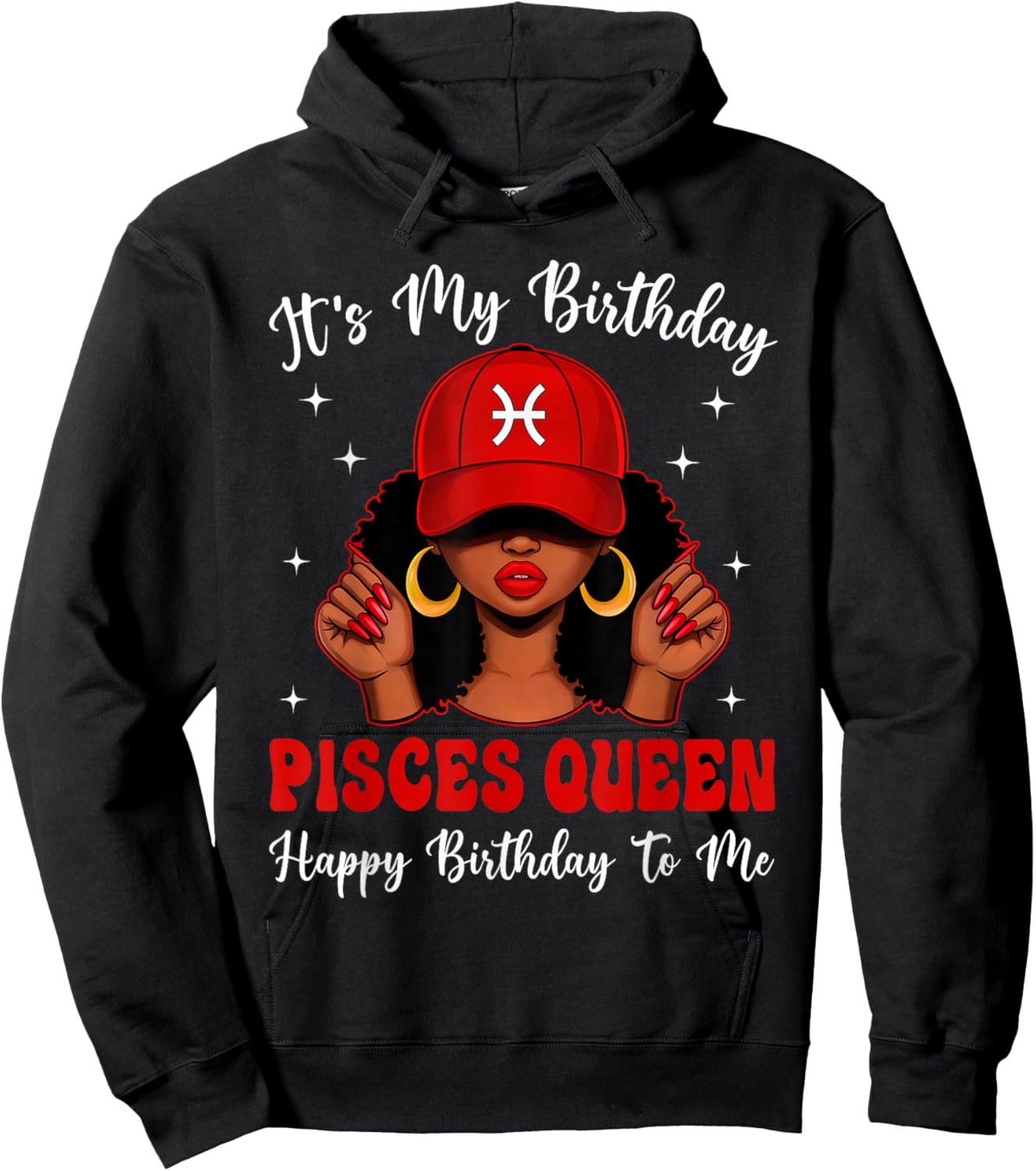 Pisces Queen Afro Women Red Cap Black Girl Birthday Hoodie - Hoodie | Black