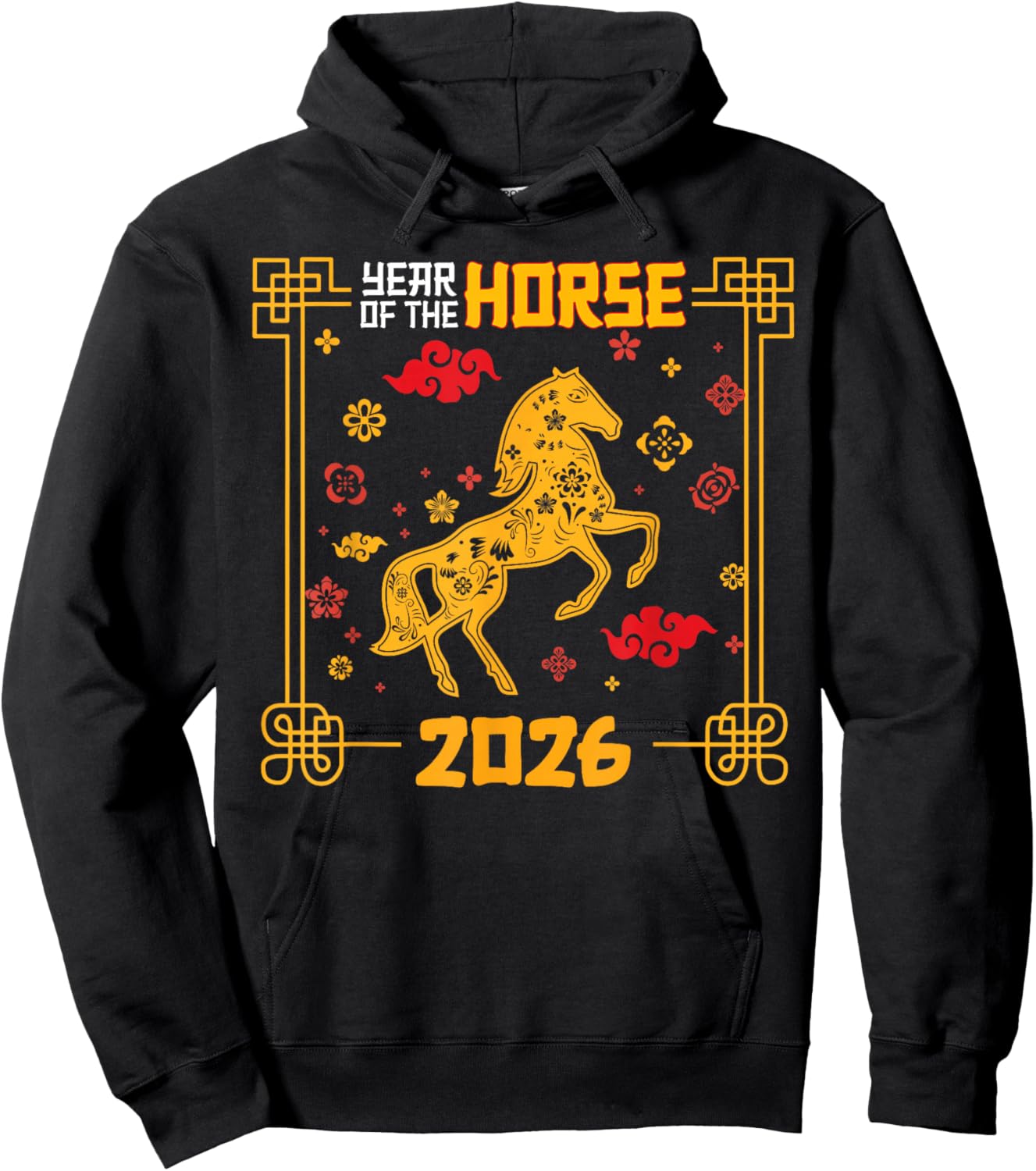 Year of The Horse 2026 Chinese New Year Lunar Zodiac Vintage Hoodie - Hoodie | Black