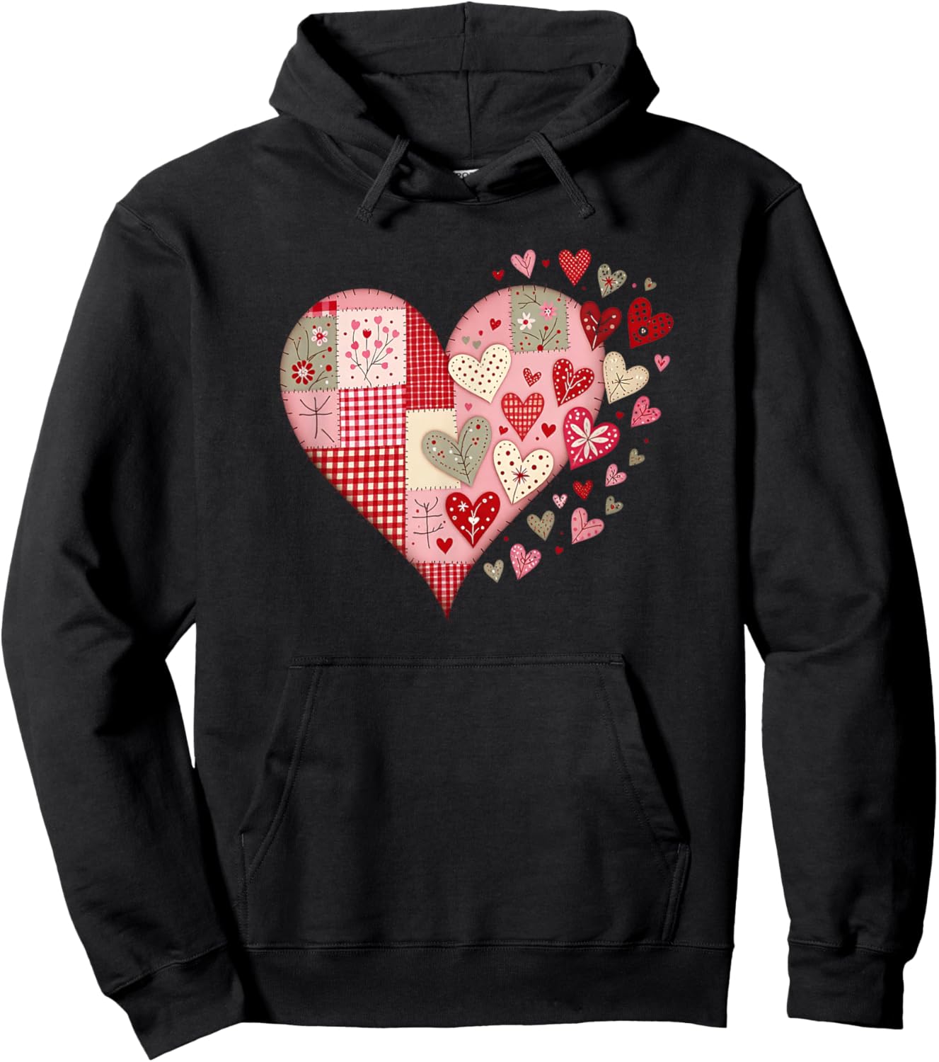 Heart Faux Patchwork Valentines Day Love Big Graphic Quilt Hoodie - Hoodie | Black