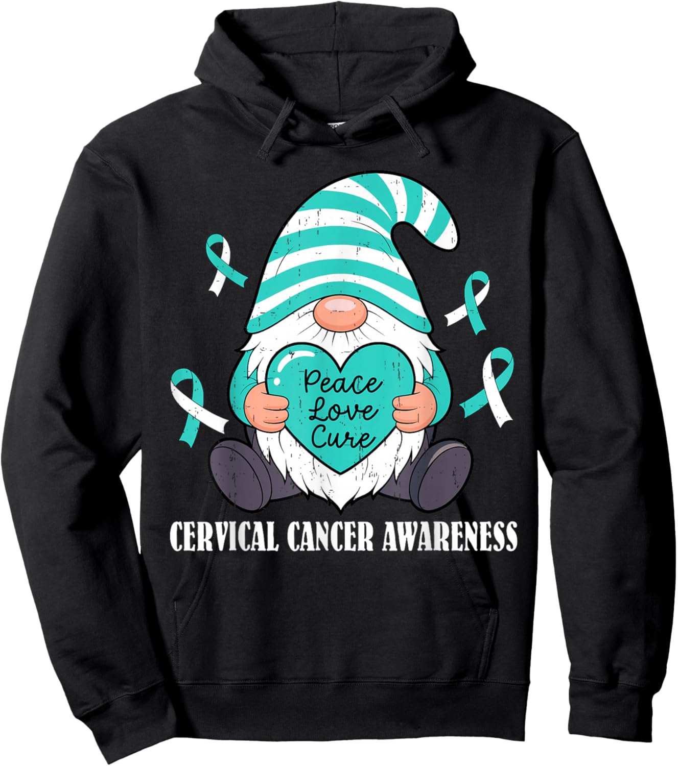 Cute Gnome Ribbon Peace Love Cervical Cancer Awareness Women Hoodie - Hoodie | Black
