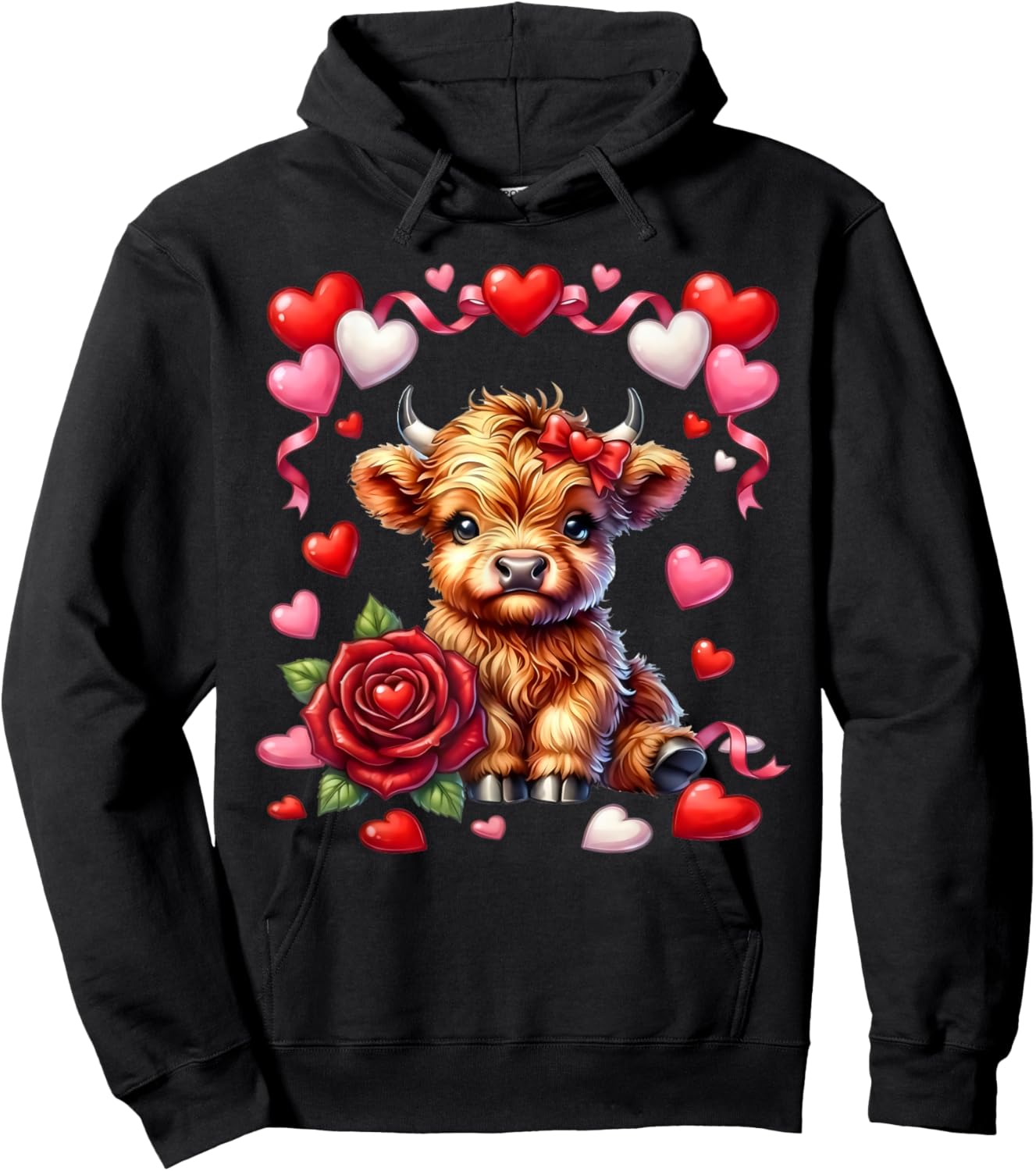 Cute Kawaii Highland Cow Heart Coquette Bow Valentines Day Hoodie - Hoodie | Black