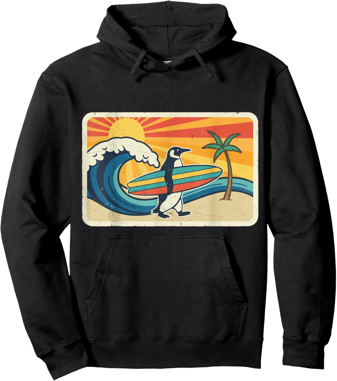 Funny Surfing Penguin Retro Beach Ocean Animal Art Hoodie - Hoodie | Black