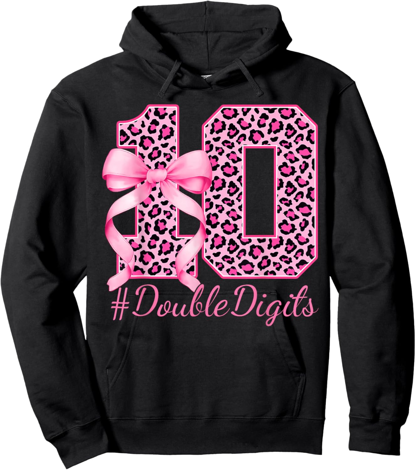 Cute 10th Birthday Girl Leopard Coquette Bow 10 Year Old Hoodie - Hoodie | Black