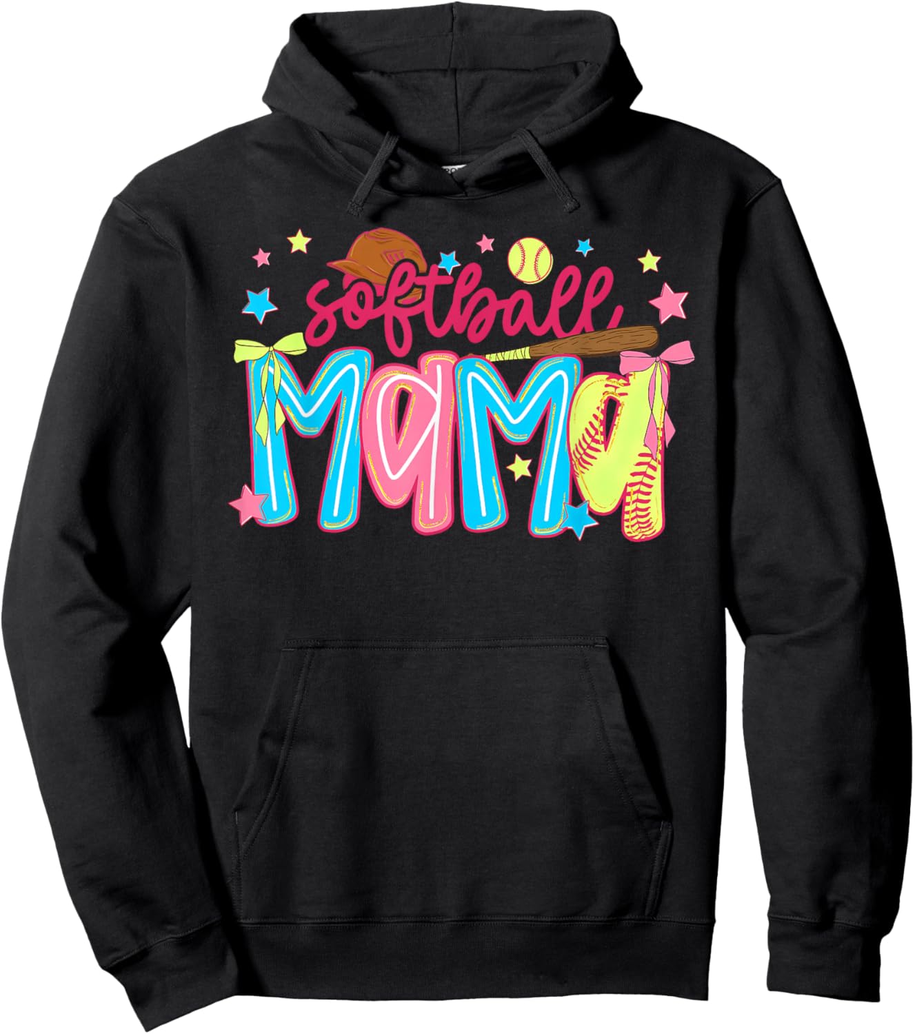 Softball Mama Preppy Coquette Bow Stars Game Day Mom Mother Hoodie - Hoodie | Black