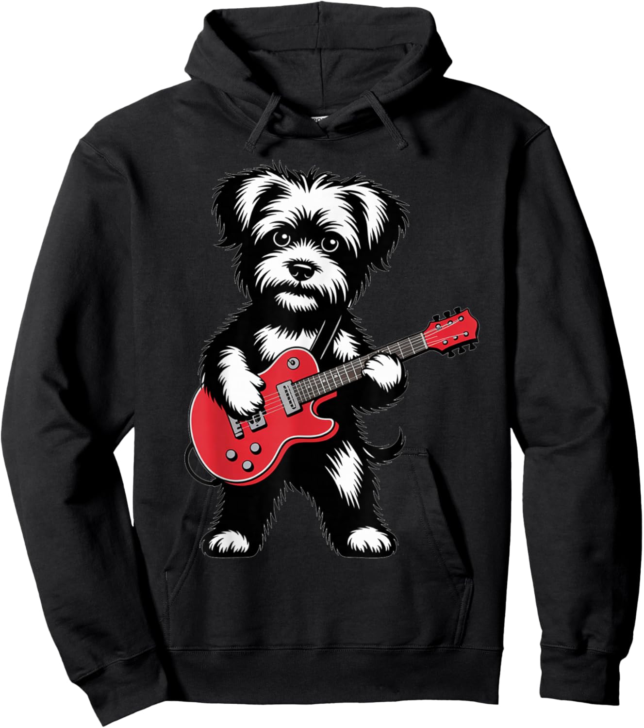 Cute Rock Yorki Dog with Red Electric Guitar Puppy Hoodie - Hoodie | Black