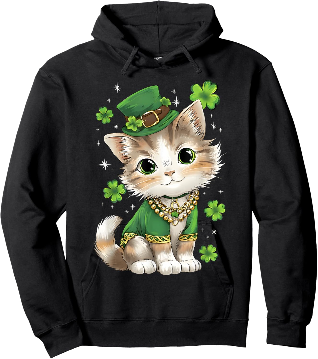 St Patricks Day Cat Leprechaun Hat Shamrock Saint Pattys Day Hoodie - Hoodie | Black
