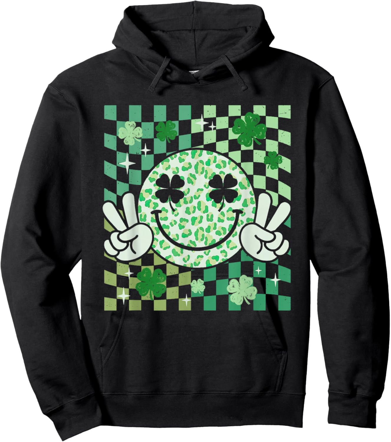 Groovy Smile Face St Patricks Day Shamrock Checker Women Kid Hoodie - Hoodie | Black