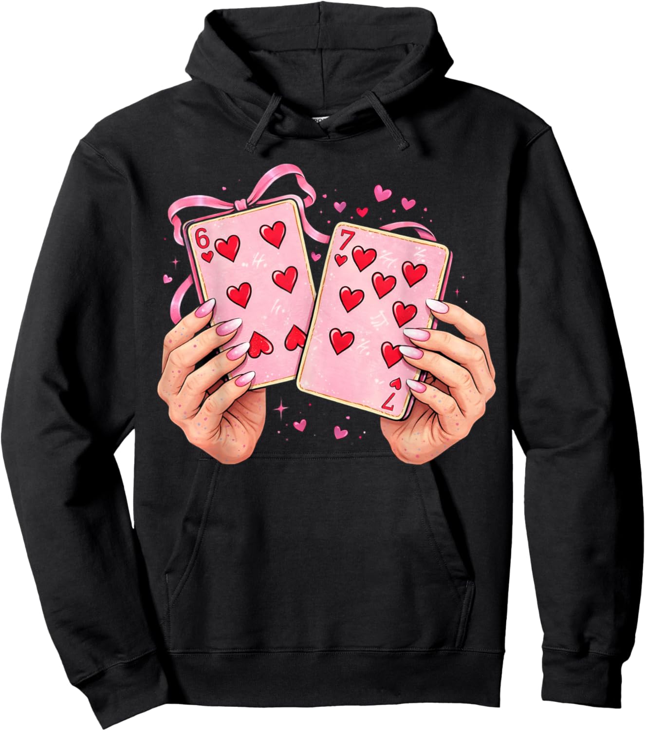 Playing Cards 6 7 of Hearts 67 Six Seven Bow Valentines Day Hoodie - Hoodie | Black