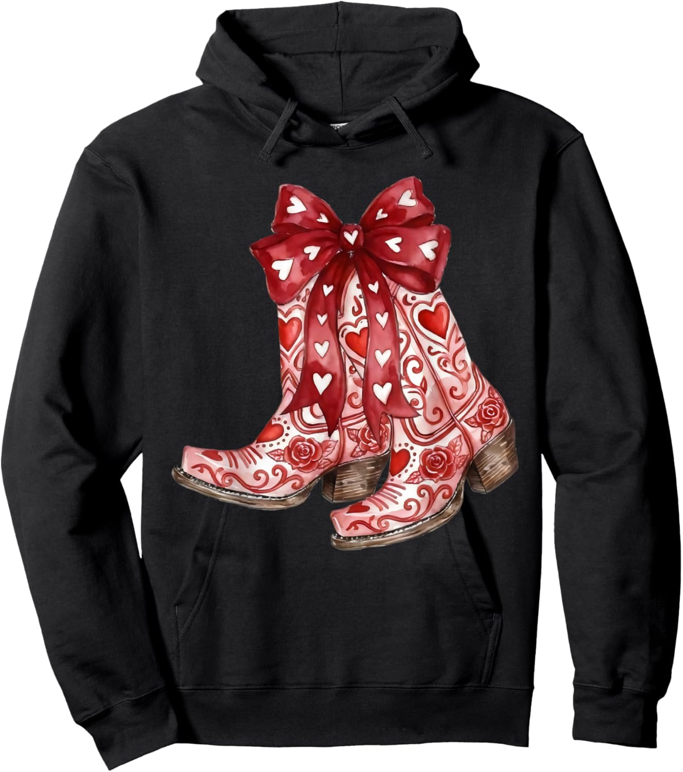 Retro Cowgirl Boots Red Coquette Bow Hearts Valentines Day Hoodie - Hoodie | Black