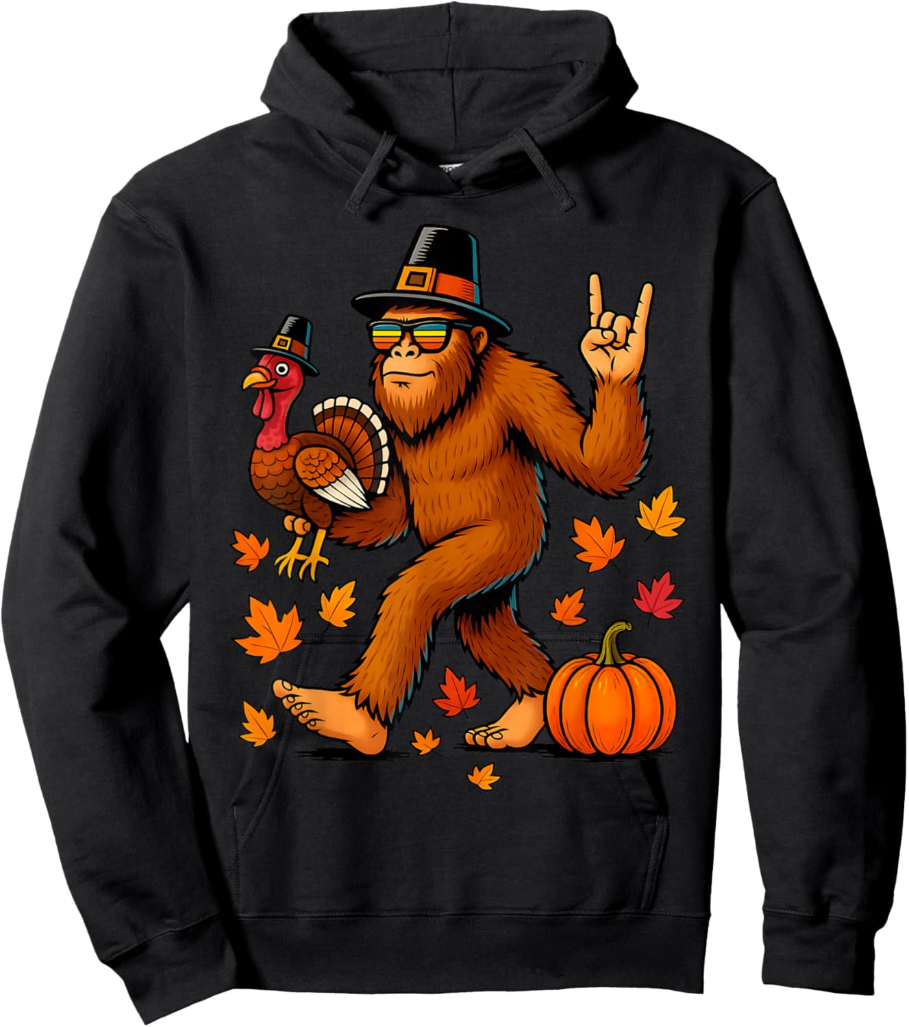 Bigfoot Turkey Pumpkin Thanksgiving Boys Kids Hoodie - Hoodie | Black