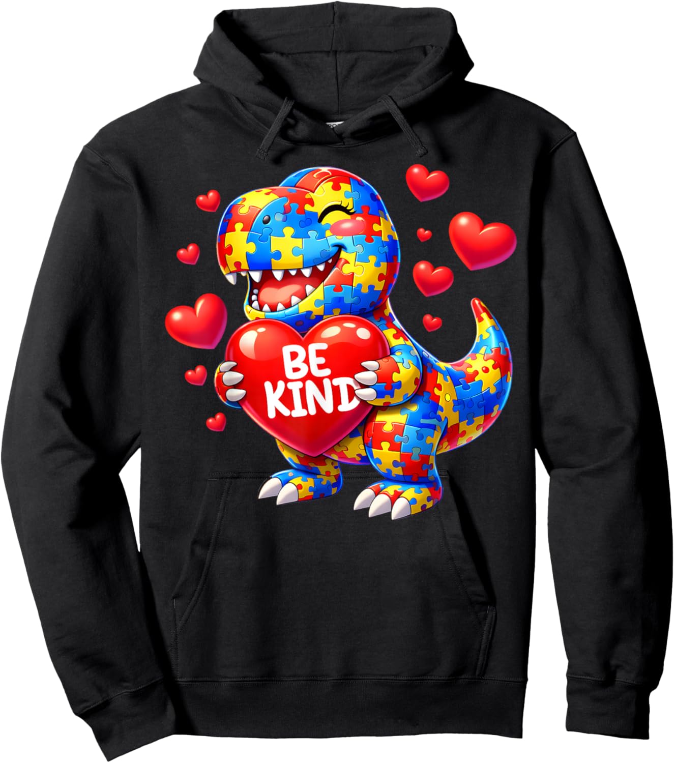 Autism Awareness Puzzle T Rex Dinosaur Be Kind Men Women Kid Hoodie - Hoodie | Black