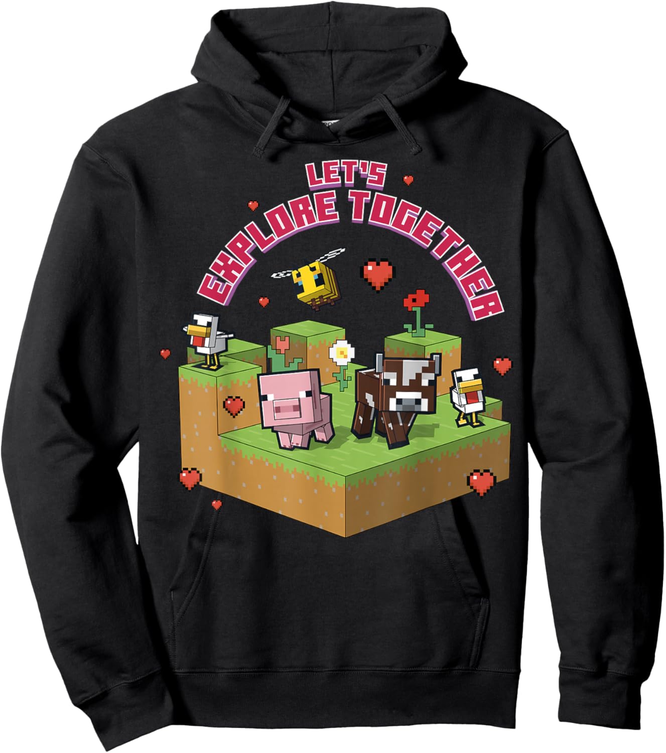 Minecraft Pig Cow Bee Chicken Explore Together Heart Hoodie - Hoodie | Black