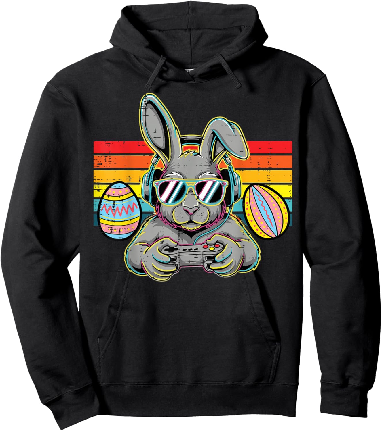 Easter Bunny Gaming Headphone Retro Gamer Men Boys Kids Teen Hoodie - Hoodie | Black