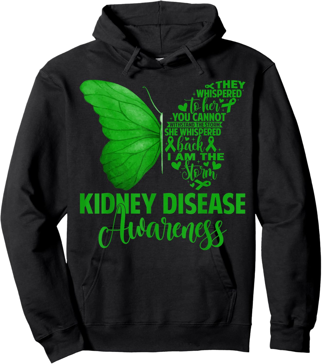 Kidney Disease Awareness Warriors Green Ribbon Butterfly Hoodie - Hoodie | Black