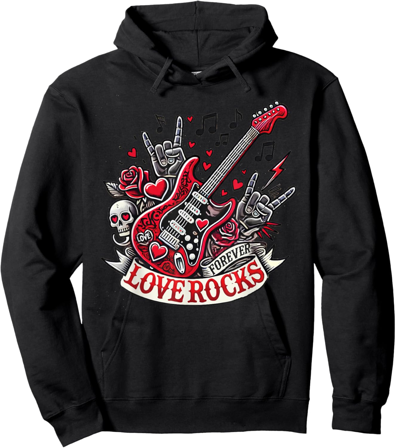 Valentine’s Rock & Roll Love Rocks for Couples Skulls Hearts Hoodie - Hoodie | Black