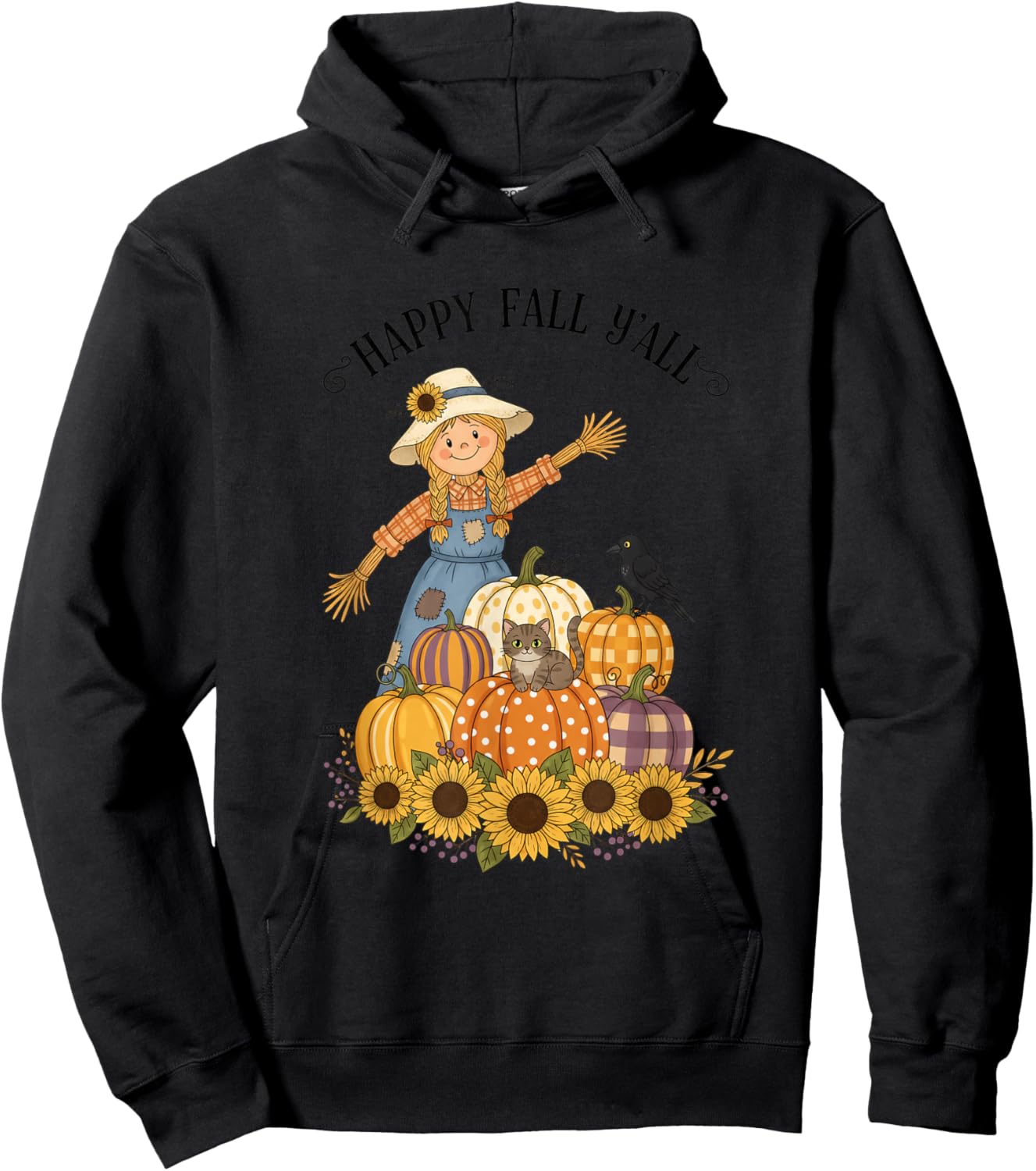 Happy Fall Y'all Scarecrow Pumpkin Sunflowers Autumn Thanksg Hoodie - Hoodie | Black