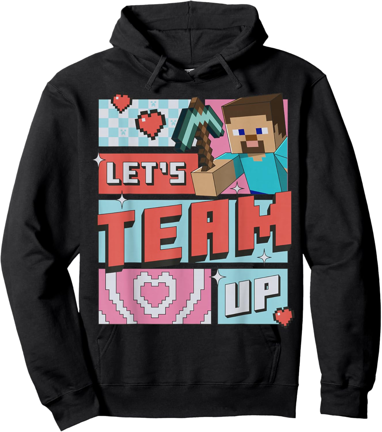 Minecraft Steve Team Up Retro Love Hoodie - Hoodie | Black