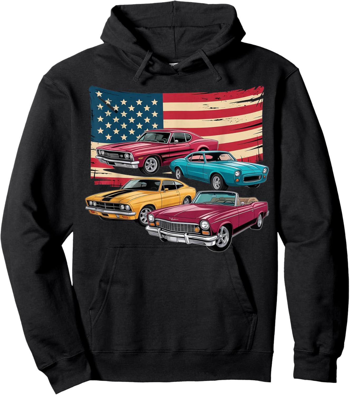 Patriotic American Flag Vintage Muscle Car Hoodie - Hoodie | Black