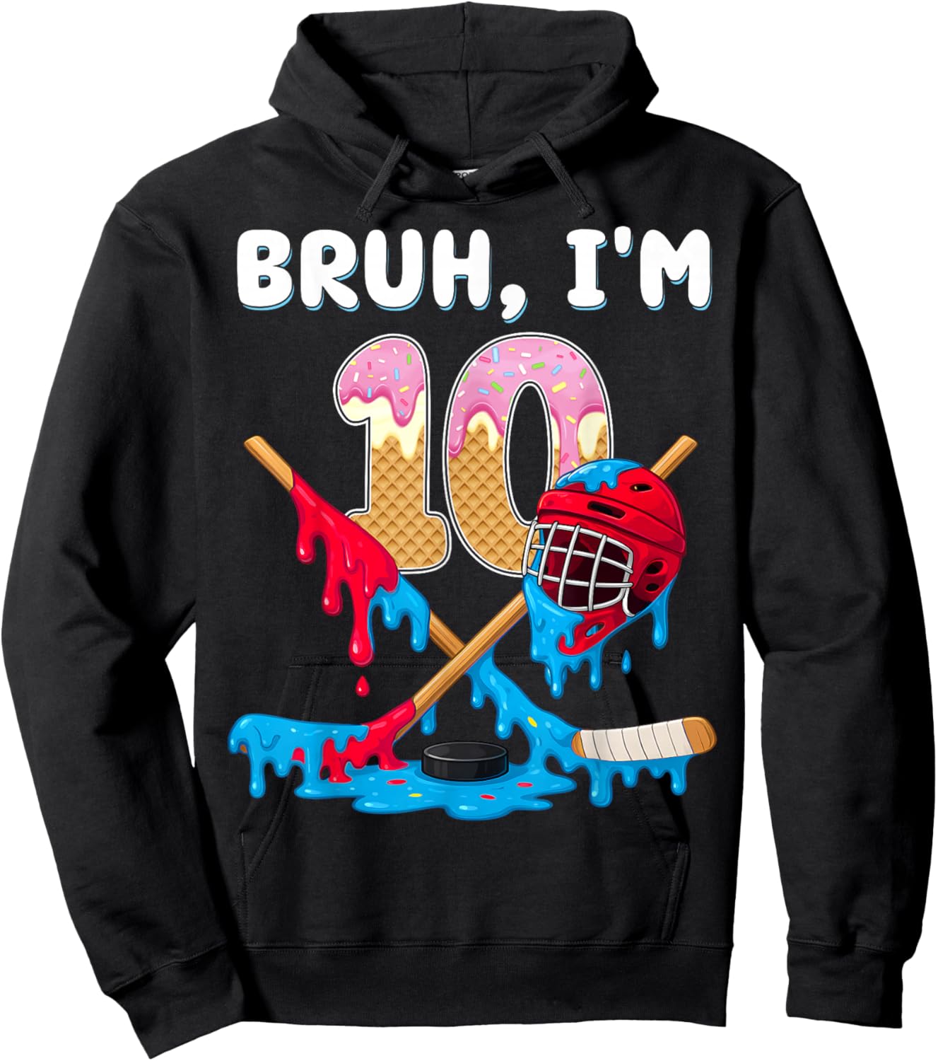 10 Years Old Hockey Ice Cream Drip Youth 10th Birthday Boys Hoodie - Hoodie | Black