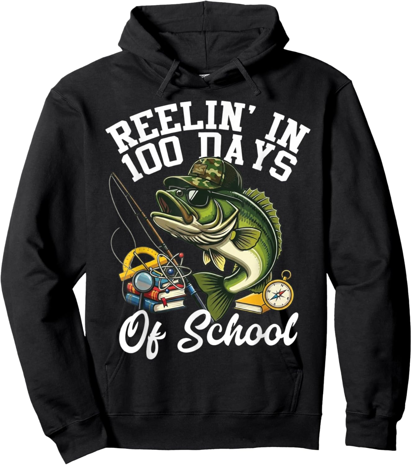 Reelin' in 100 Days of School Bass Camo Fishing Lover Boys Hoodie - Hoodie | Black