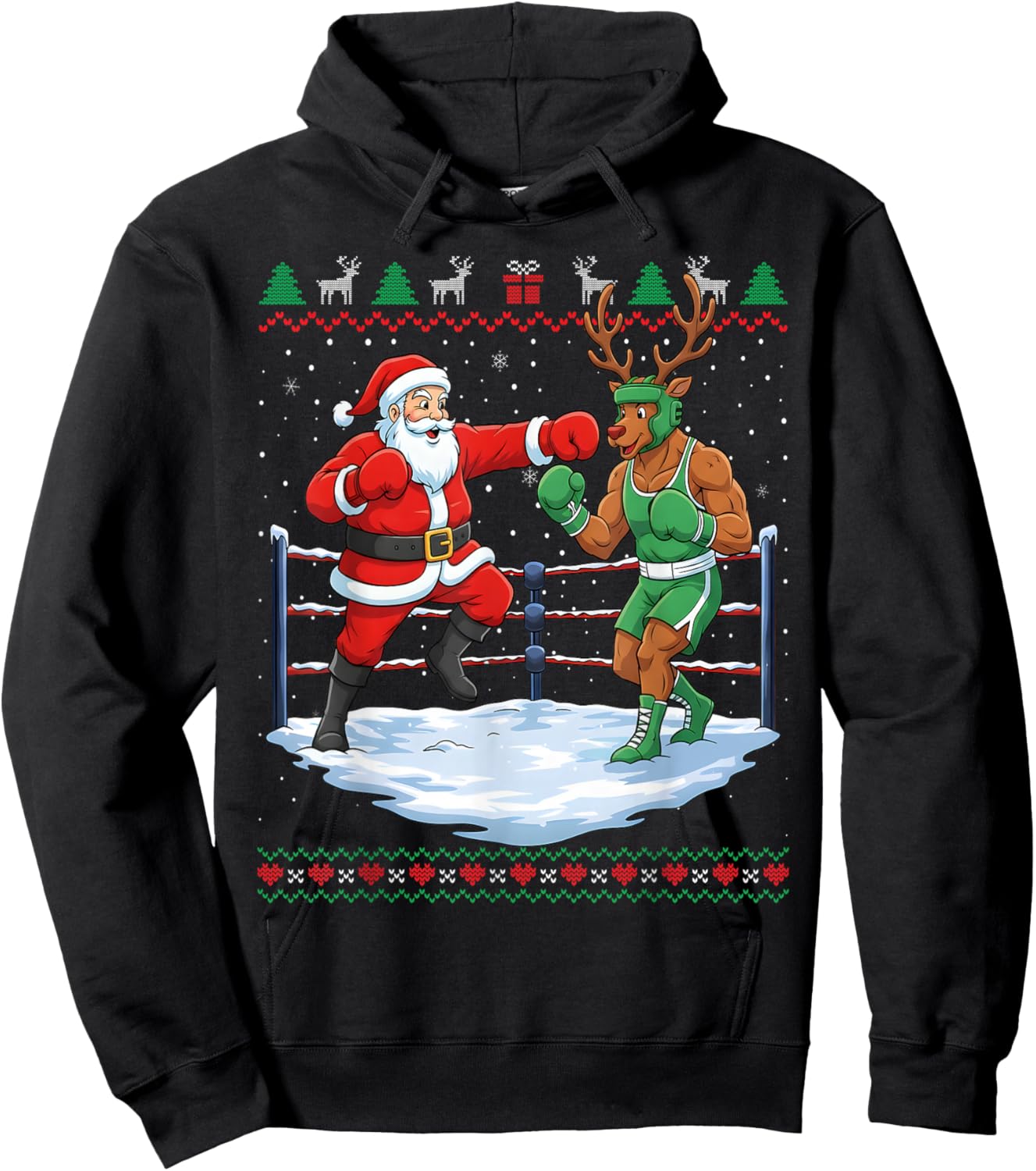 Funny Santa Boxing Christmas Reindeer Ugly Sweater Hoodie - Hoodie | Black