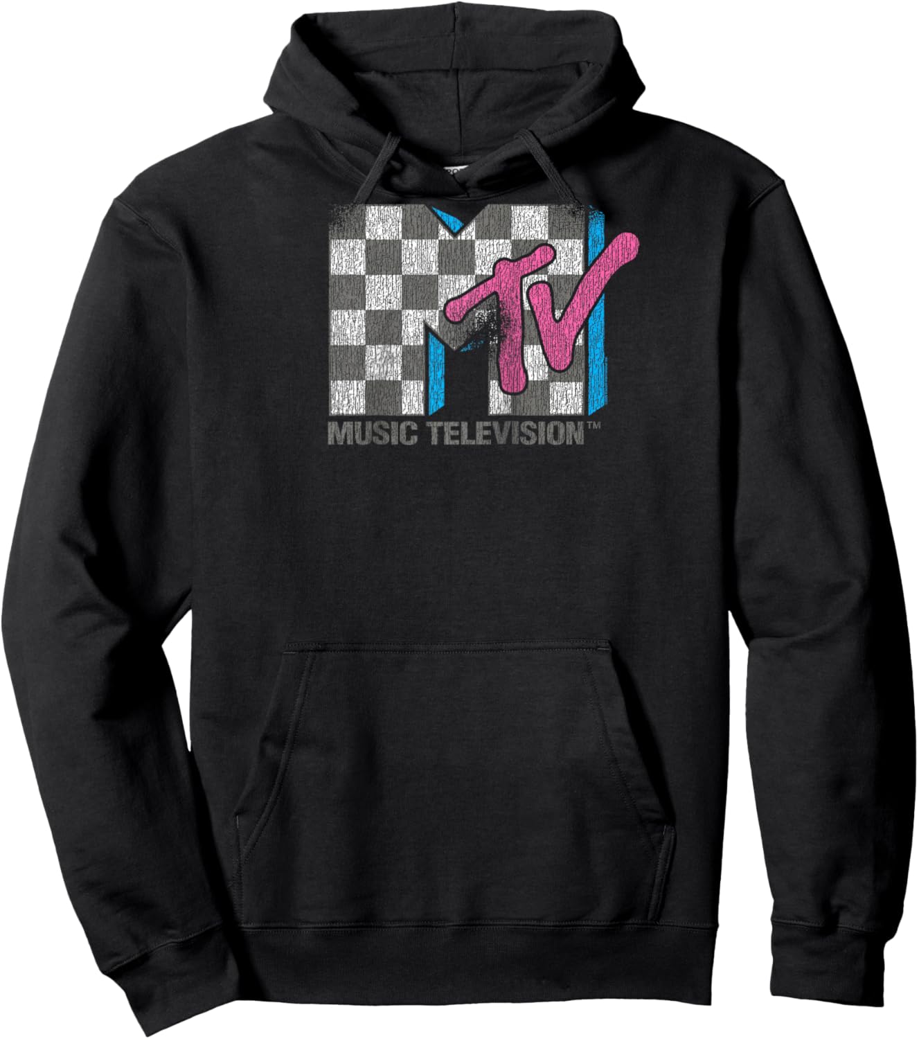 MTV Distressed Vintage Checkerboard Logo Music Television Raglan Baseball Hoodie - Hoodie | Black