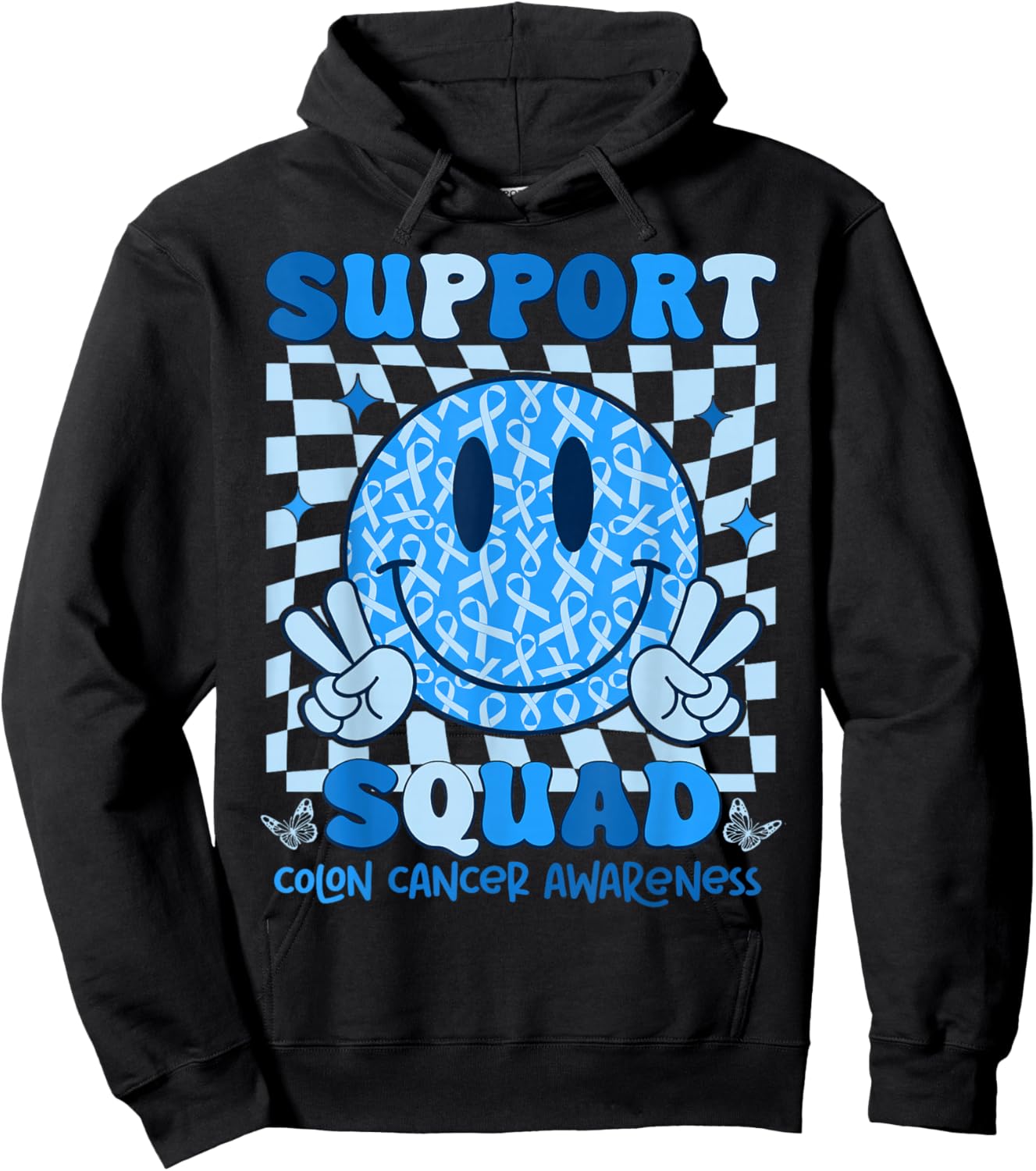 Retro Support Squad Blue Ribbon Colon Cancer Awareness Hoodie - Hoodie | Black