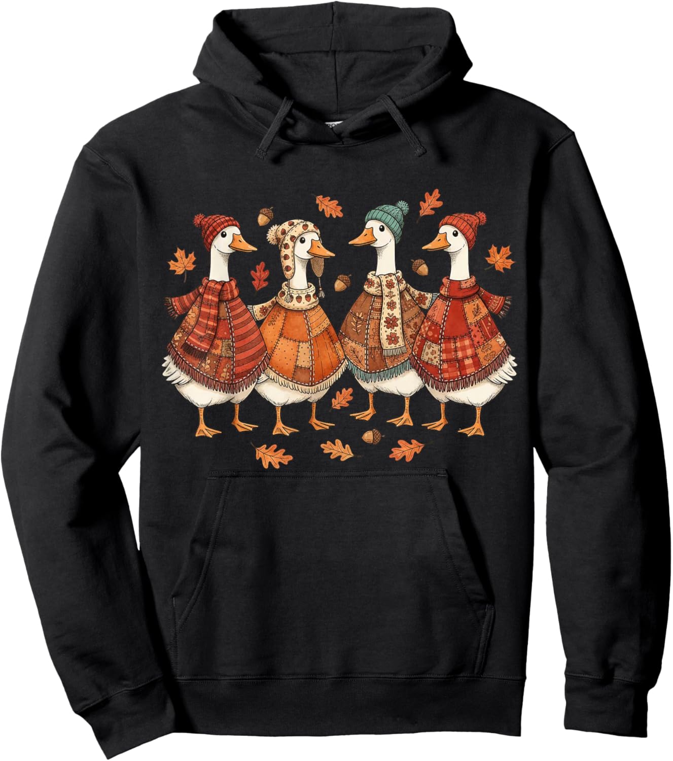 Cozy Fall Goose Patchwork Autumn Vintage Retro Hoodie - Hoodie | Black