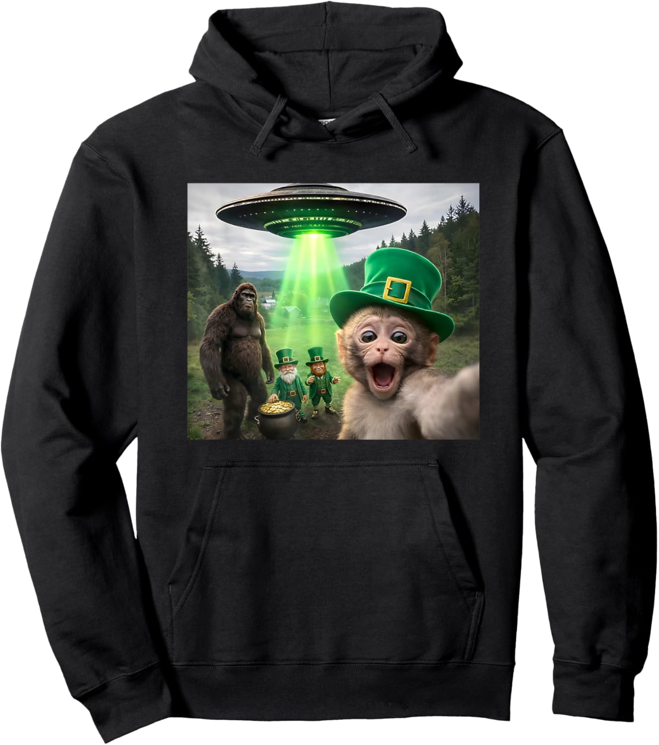 St Patricks Day Macaque Bigfoot UFO Leprechanun Funny Selfie Hoodie - Hoodie | Black