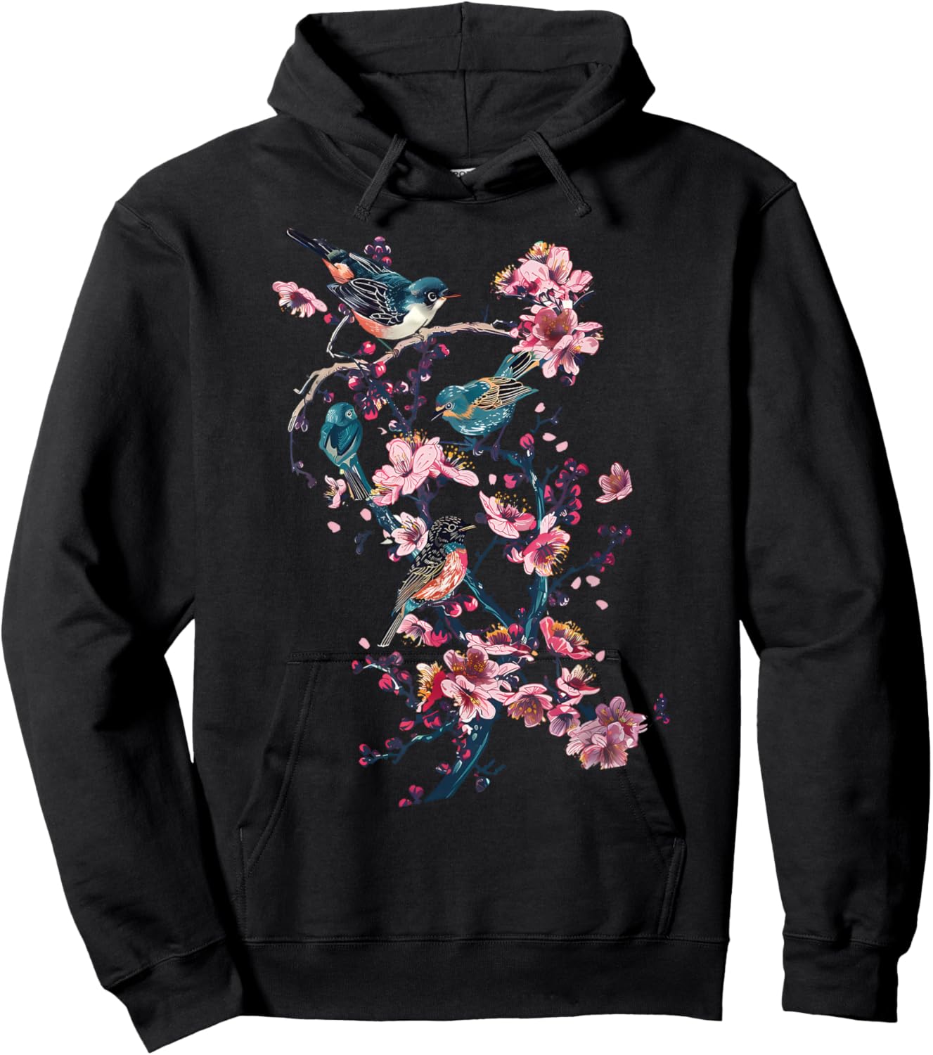 Japanese Birds Cherry Blossom Floral Vintage Woodblock Art Hoodie - Hoodie | Black