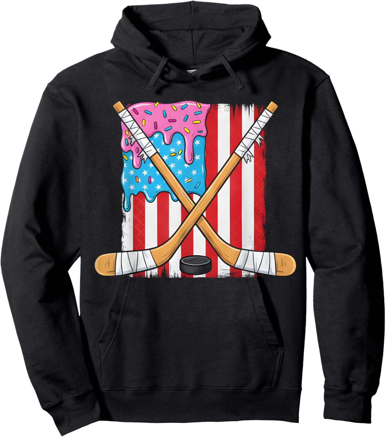 Ice Hockey Ice Cream Drip Boys American Flag Youth Players Hoodie - Hoodie | Black