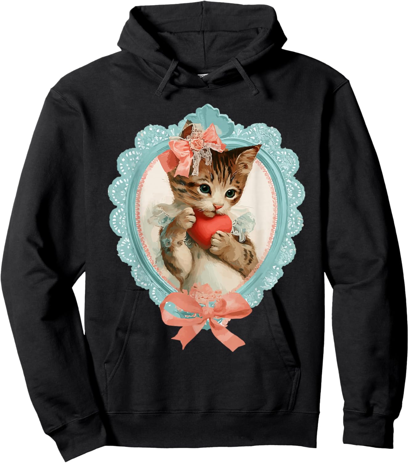 Cute Tabby Cat Valentine Kitty with Heart Vintage Coquette Hoodie - Hoodie | Black