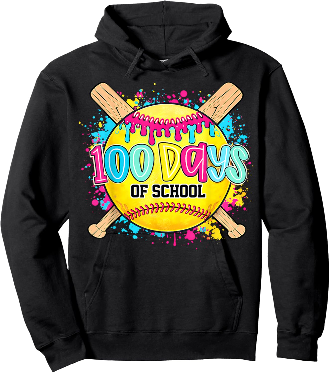 100 Drippy Days of School Softball Dripping 100th Day Girls Hoodie - Hoodie | Black