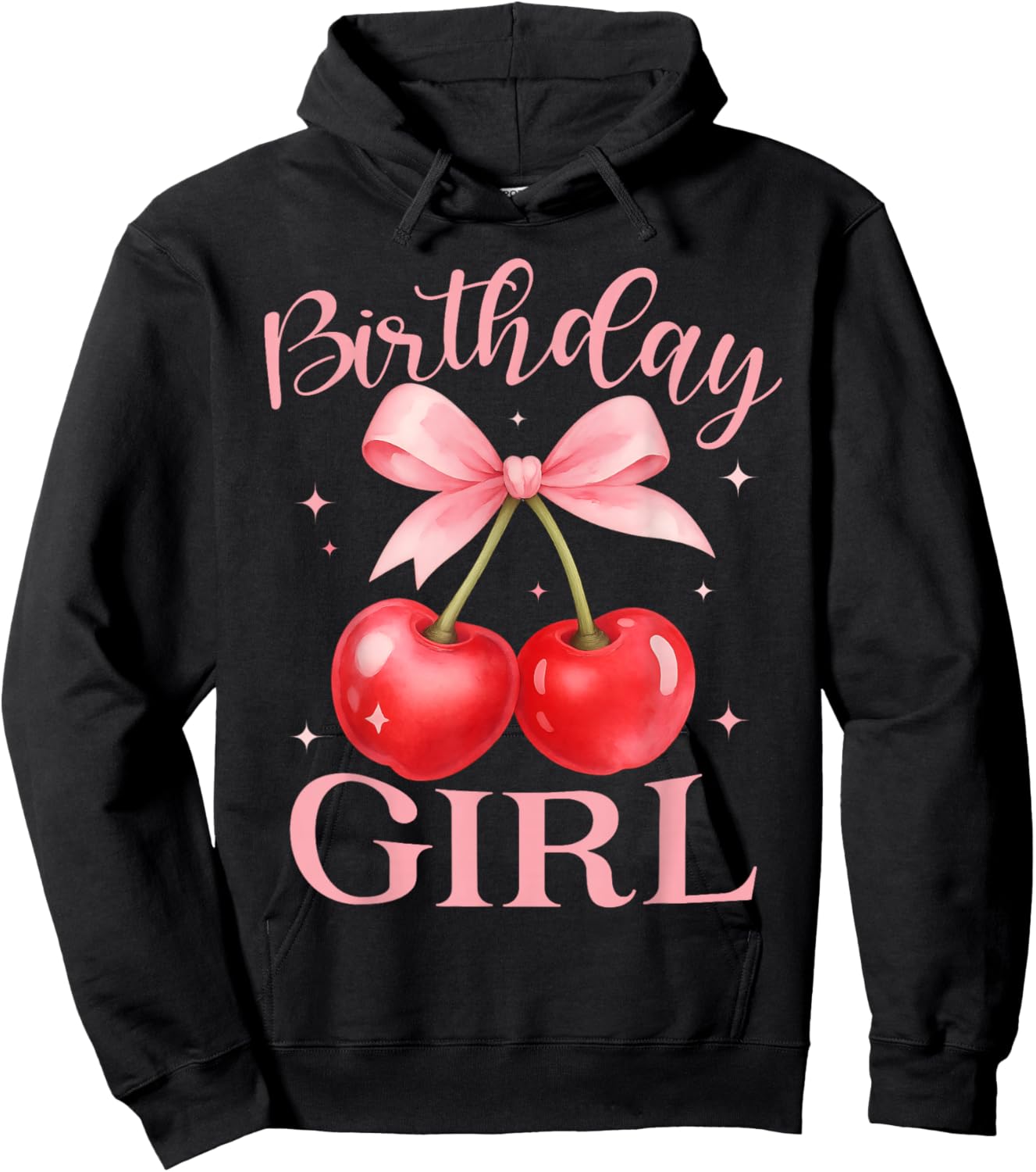 Birthday Girl Cute Coquette Bow Cherry Birthday Girl Kids Hoodie - Hoodie | Black