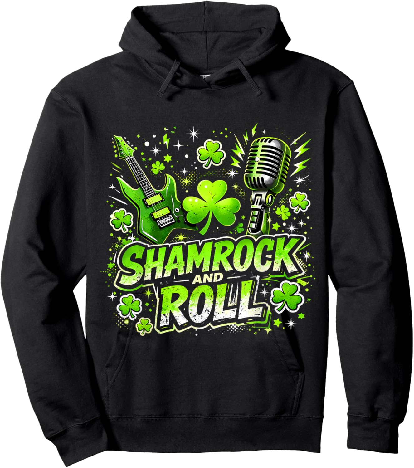 Shamrock and Roll St Patrick Day Rock Vibes Hoodie - Hoodie | Black