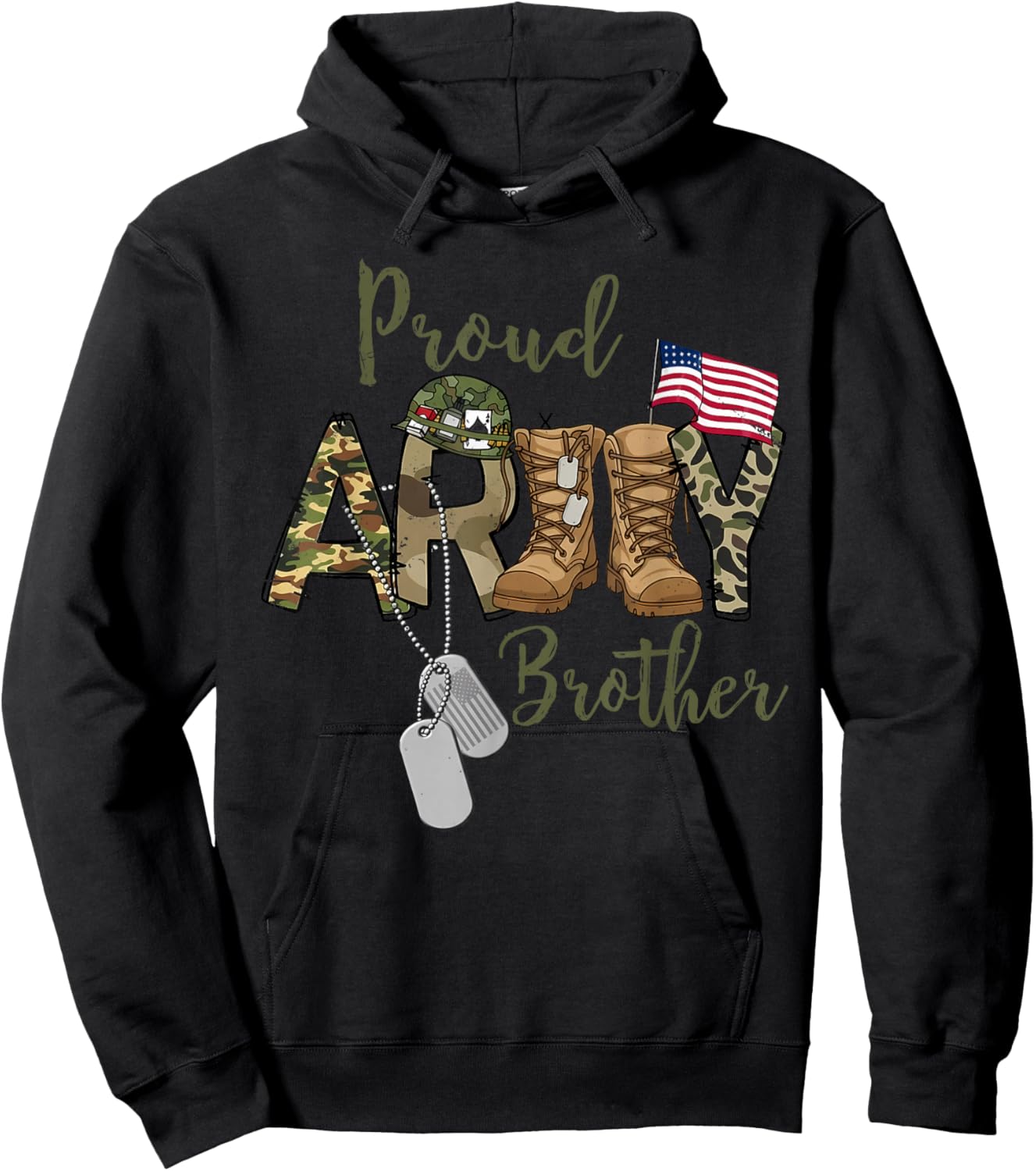 Proud Army Brother Military Brother with Dog Tag US Flag Hoodie - Hoodie | Black