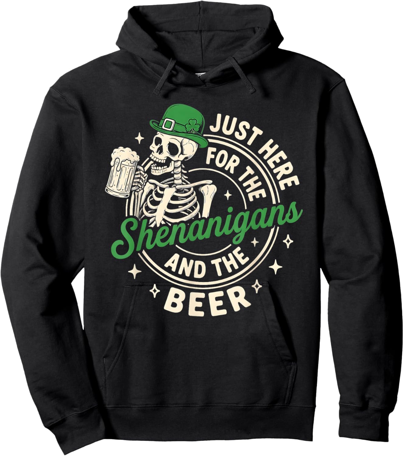 Retro Skeleton Just Here for Shenanigans and Beer St. Paddys Hoodie - Hoodie | Black
