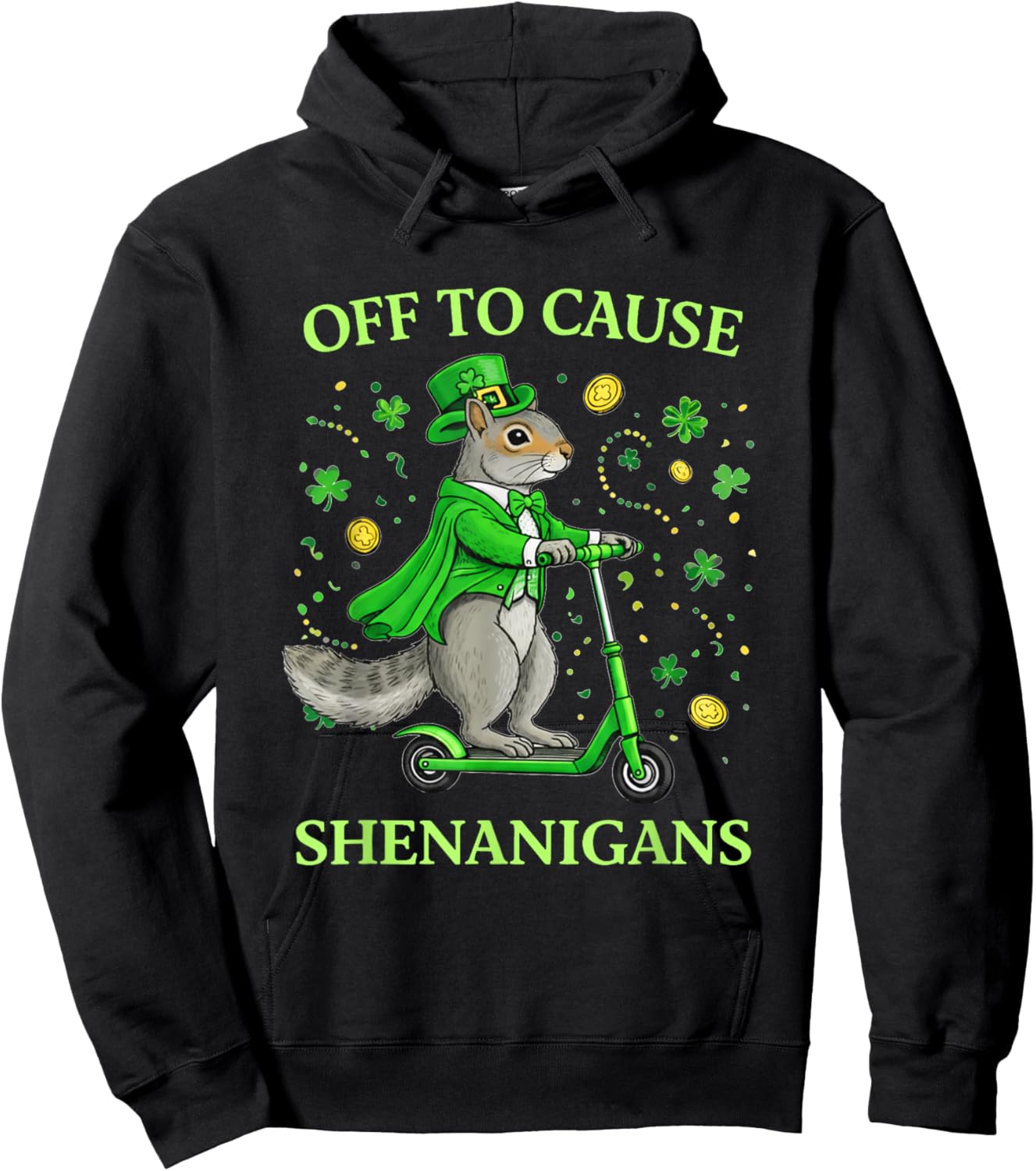 St Patricks Day Squirrel Leprechaun Scooter Shenanigans Hoodie - Hoodie | Black