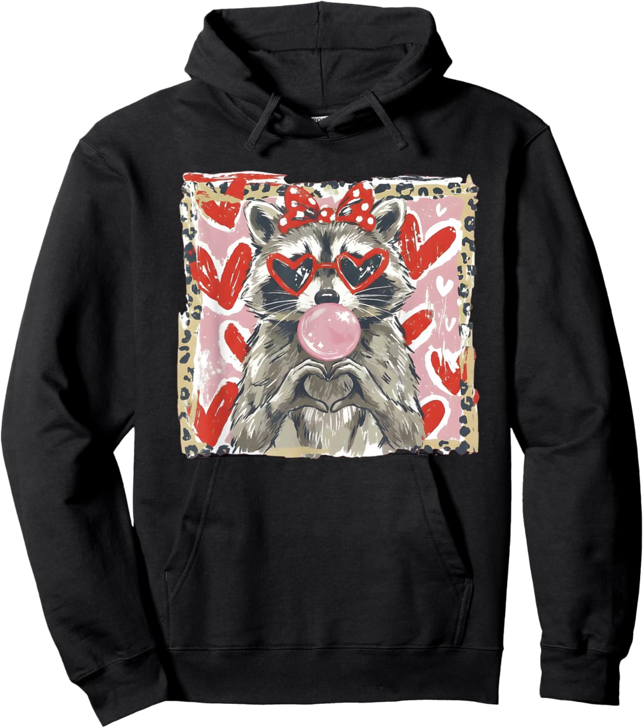 Vintage Leopard Funny Valentine Raccoon Lover Heart XOXO Hoodie - Hoodie | Black
