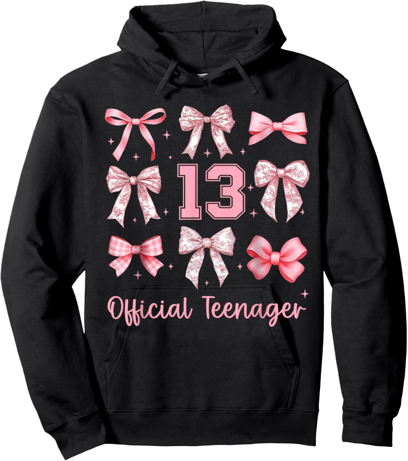 13th Birthday Girl Pink Toile Floral Coquette Bow Aesthetic Hoodie - Hoodie | Black
